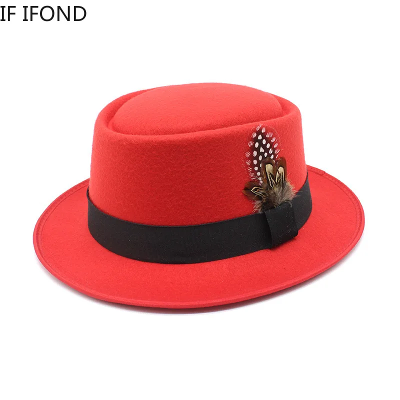Vintage Curved Brim Felt Fedora Hat For Men Women Autumn Winter Trilby Jazz Hat With Feather Church Pork Pie Hats 5