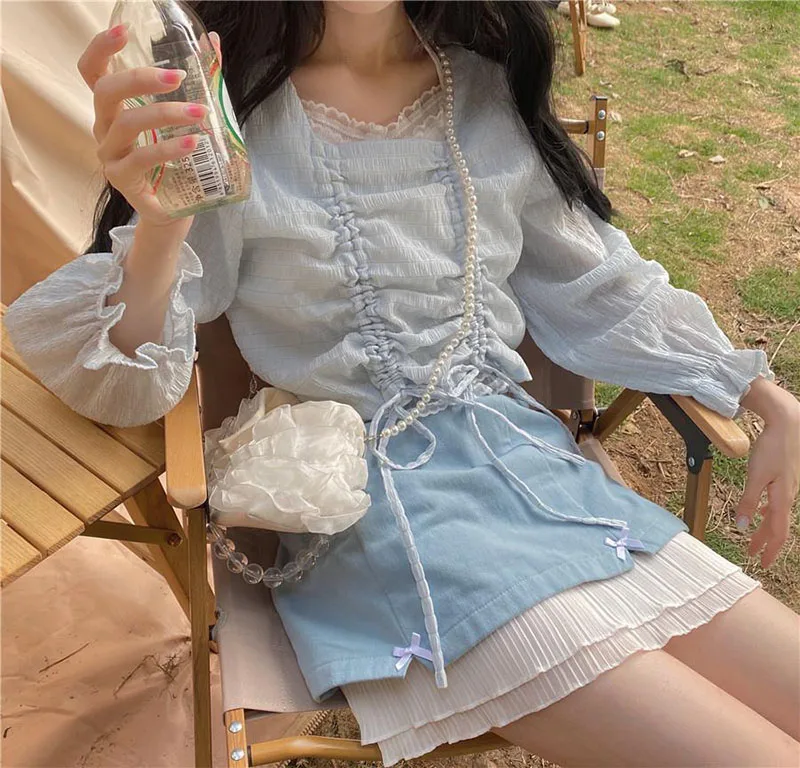 brown skirt Japanese Bow tie Splicing Blue Women's summer skirt Sweet Mini High-waisted Skirt Fashion Pleated skirt College Woman clothes black mini skirt