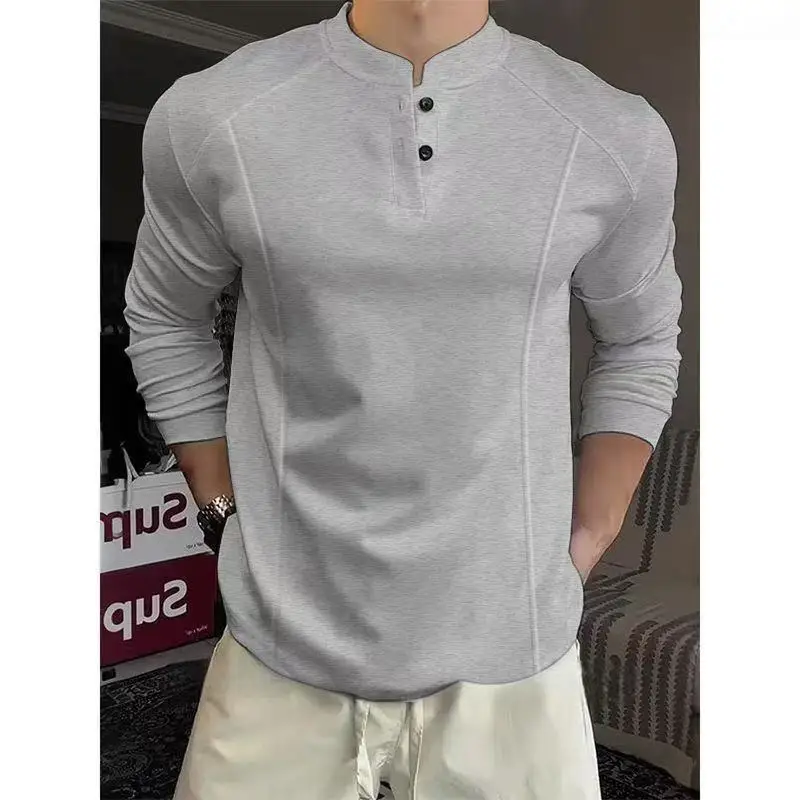 Camicia POLO Henry Collar T-shirt a maniche lunghe T-shirt autunnali da uomo Camicia con fondo impiombato Primavera Autunno Top Felpa - immagine 3