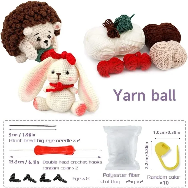 KRABALL Crochet Animal Kit for Beginners With Video Tutorial Cotton Knitting Yarn Thread Needles Hooks Knit Tool Set Accessories