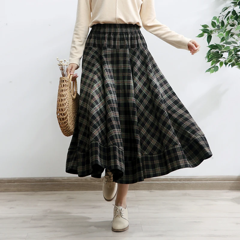 tiyihailey-free-shipping-2022-new-fashion-long-mid-calf-a-line-skirt-women-elastic-waist-spring-autumn-denim-thick-vintage-plaid