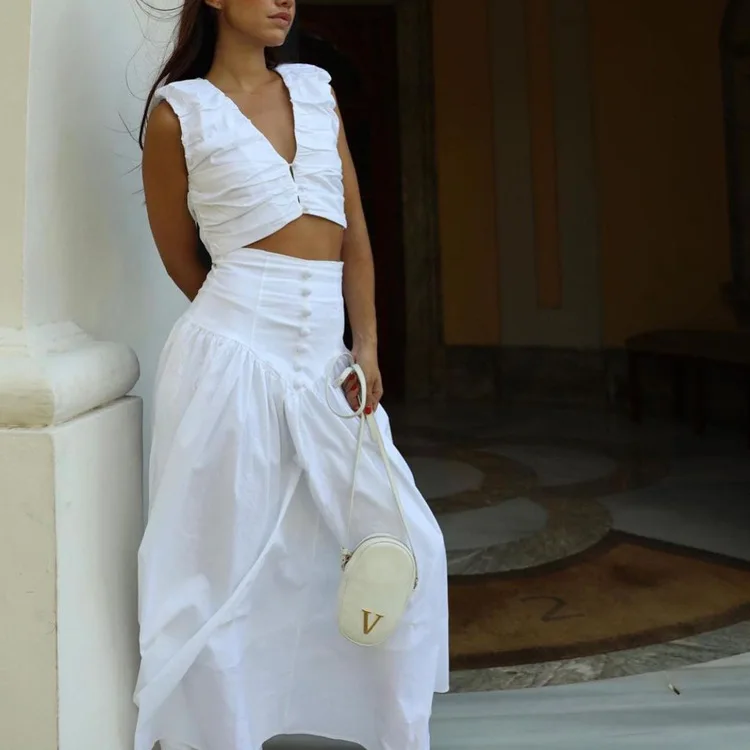 White Pleated 2 Piece-Set Maxi Skirt Women V-Neck Cropped Top And Patchwork Fashion Long Skirt Sets Ladies Solid Outfits