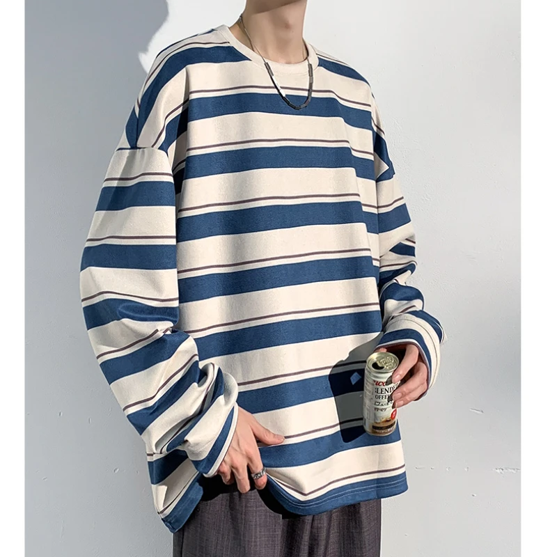 Striped Men Sweatshirts Spring Autumn Long Sleeve T-shirt O-neck Loose Korean Harajuku Casual Young Men's Streetwear Pullovers