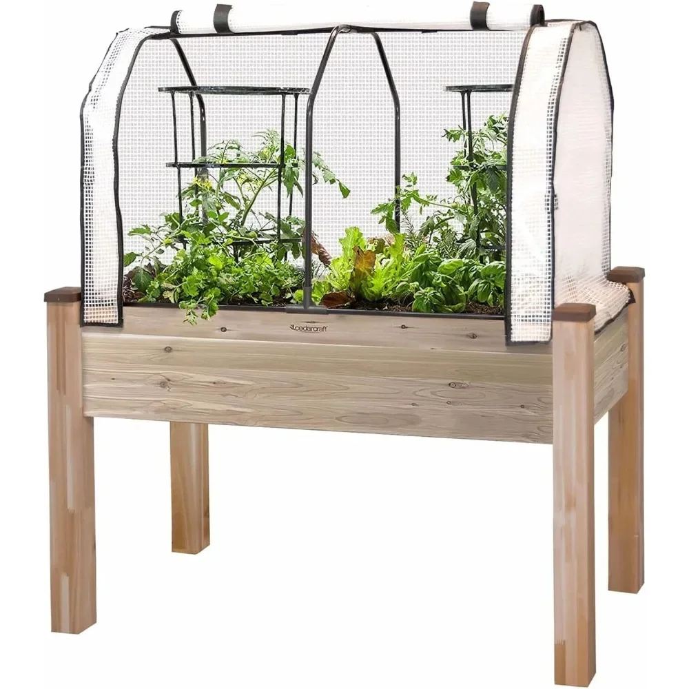 Elevated Cedar Self-Watering Planter with Greenhouse Cover 1
