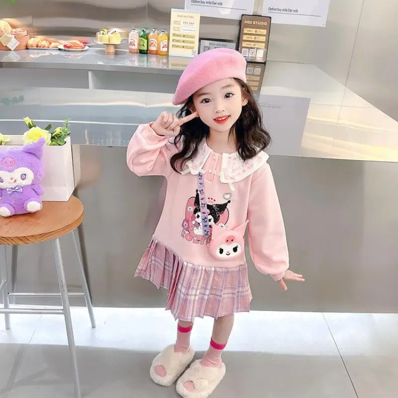 Vestido de princesa Sanrio Kawaii infantil, saia plissada anime, tops de pelúcia, Kuromi, moda fofa, estilo universitário, novo, primavera, 2022