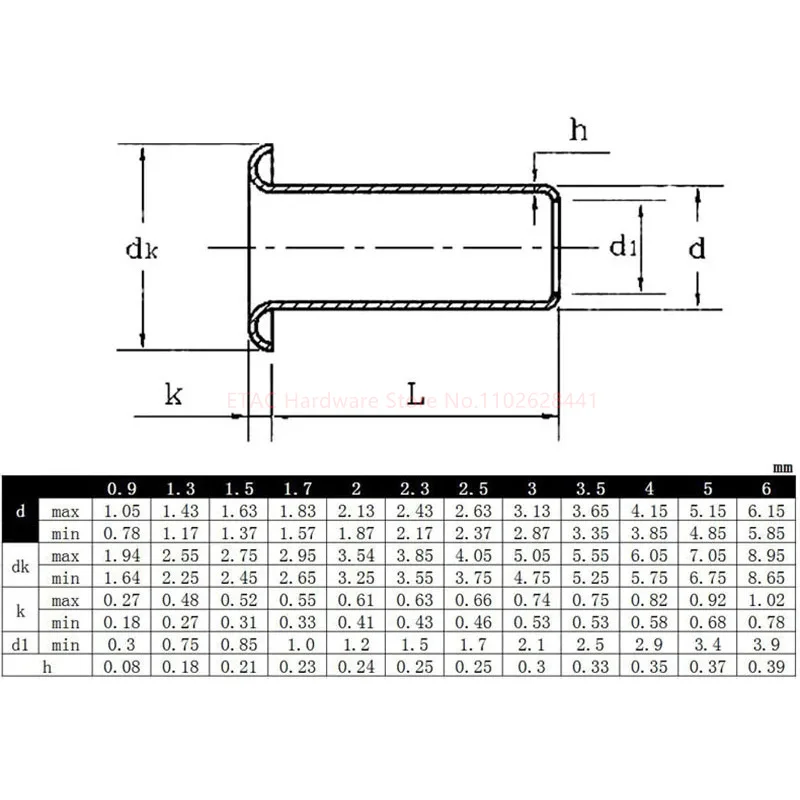 Description Picture 2 of item0.9 1.3 1.5 2 2.3 2.5 3 3.5 4 5 6mm Brass Metal Eyelets Hollow Rivet Nut Copper Through Hole Rivet Grommets