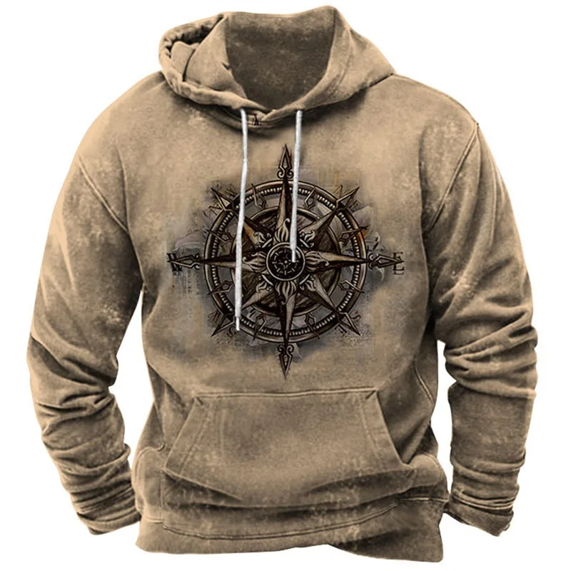 Sudadera con capucha con gráfico de brújula retro para hombre, sudadera de manga larga de gran tamaño, sudadera con capucha con estampado completo, ropa de calle vintage para hombre