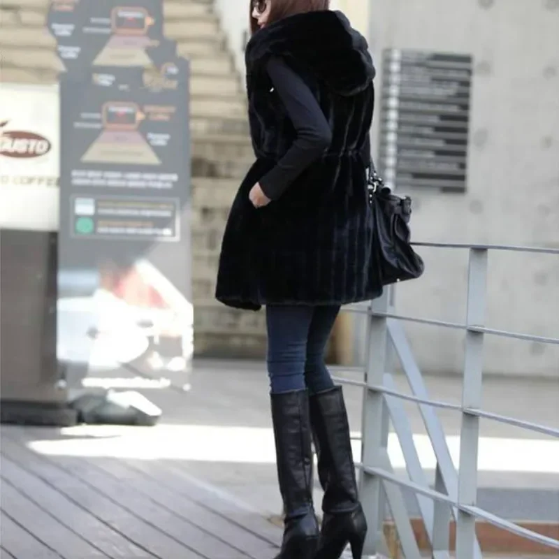 Beige Faux Fur Vest Winter Autumn Artificial Thick Warm Fur Vest Black Sleeveless Hood Slim Long Coat Office Lady Fashion Jacket