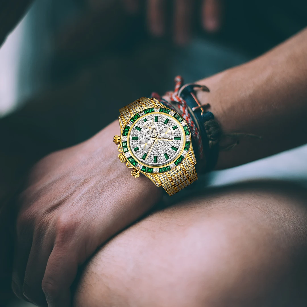 MISSFOX hommes montres de luxe grand boîtier avec Baguette plein diamant Quartz montre-bracelet chronographe calendrier montre_voghion.com