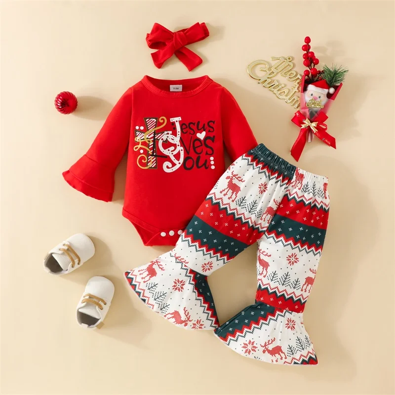 

BeQeuewll Infant Baby Girl Christmas Romper Outfits Long Sleeve Jumpsuit And Elk Print Flare Pants And Bow Headband