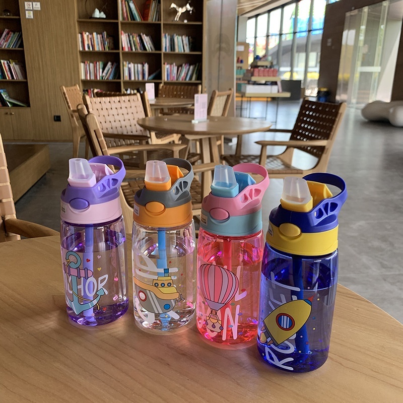 Summer Plastic Water Cup Children Cartoon Element Printed Water Cup Student School Sports Handle Portable Water Cup Cold Kettle