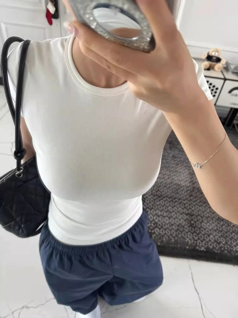 Basic Short-sleeved T-shirt Women's Summer Shoulder Round Neck Slim-fitting and Thin Spice Girl Simple Waist Elastic Short Top 2