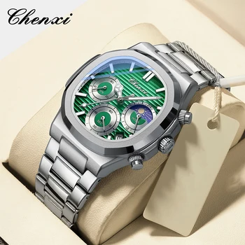 CHENXI Brand Watches For Men Multifunction Luminous Waterproof Chronograph Steel Strap Calendar Moon Phase Quartz Man Watch