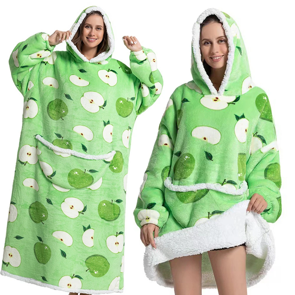 Women Long Sherpa Fleece Hooded Blanket for Adult Warm Cozy Blanket Sweatshirt with Giant Pocket Thick Flannel Wearable Hoodie