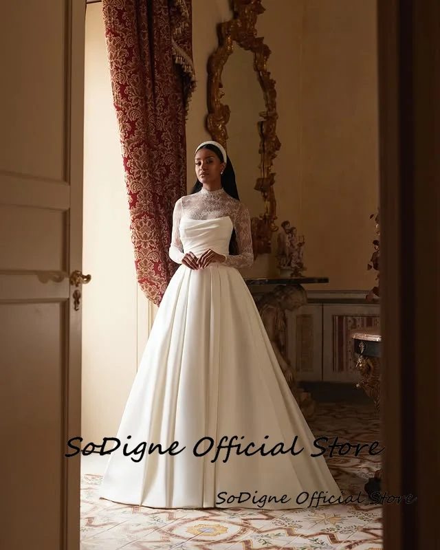SoDigne A-line Satin/Lace Wedding Dress Full Sleeves High Neck Bride Dresses Women Bridal Gowns vestidos de novia Customized 12 S47f78ce03169482e86155ff19e1641d9C