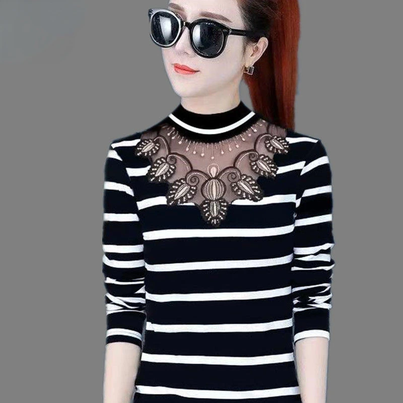 

Women's Spring Long Sleeve Lace Half Turtleneck T-shirt Bottoming Shirt Outer Wear Inner Tight Top Blouse M-3XL