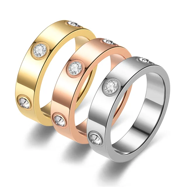 Bague tendance en acier inoxydable couleur or/argent/or rose pour femmes et hommes, bagues en cristal CZ pour couple, bijoux de luxe, bagues de mariage, cadeau