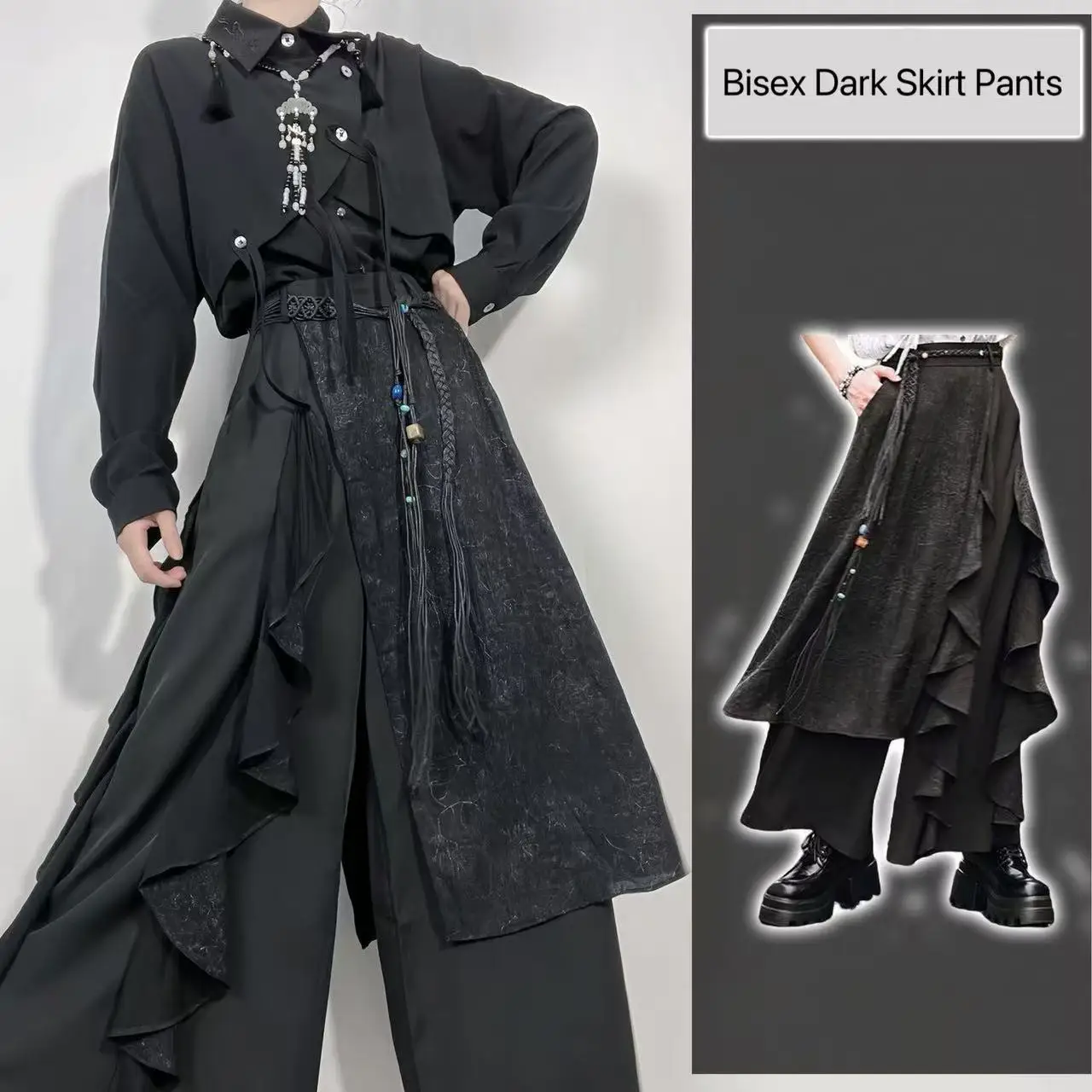 Bisex Dark Black Skirt Pants Men Women New Chinese Style Patchwork Double-layer Wide Leg Pants Vintage Niche Fashion Culotte