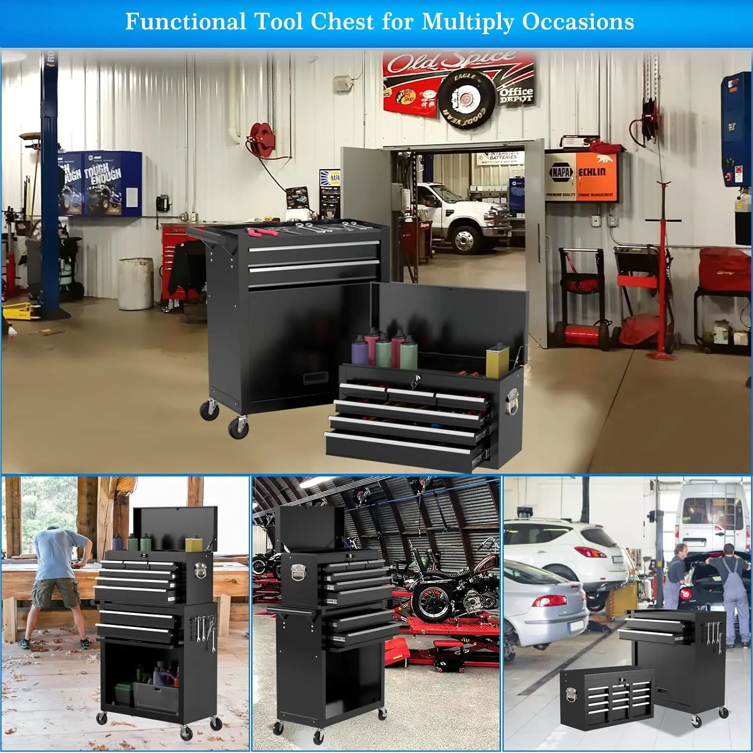 8-Drawer High Capacity Rolling Tool Chest Detachable Tool Box with Lock Movable Tool Chest Chest with Wheels Heavy 6