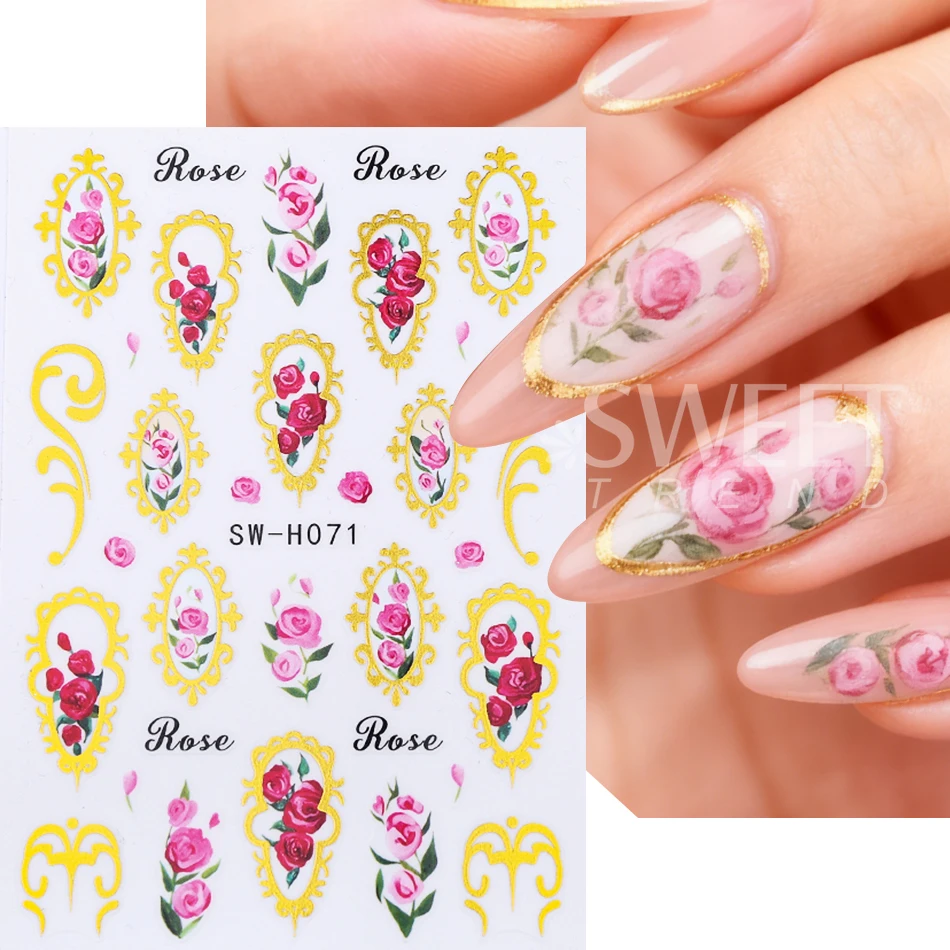2pcs Elegant Flower Nail Art Stickers Bronzing Border Frame Rose Petal Leaf Self Adhesive Nail Decals Valentine's Manicure Decor