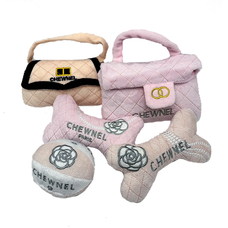 New Arrive Pet Plush Toys Cute Bone Bag Perfume Shaped Bite Chewing Squeaky Toys Luxury Designer Puppy Gift Toy 3