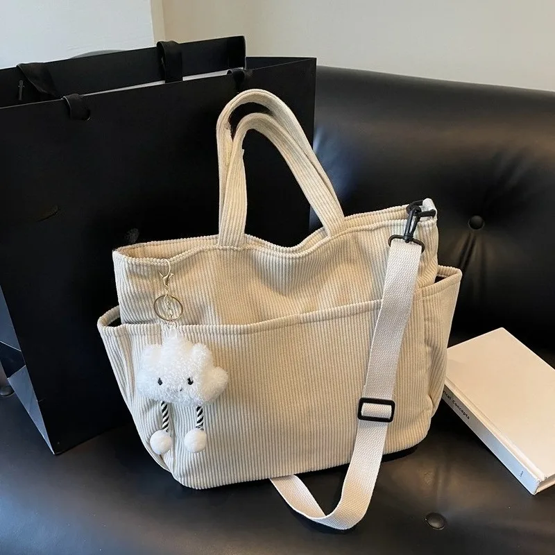 Four Seasons Corduroy Totes Bag Large Capacity Shoulder Crossbody Bag Black/Beige/Brown Spacious for Women‘s Casual Daily Use