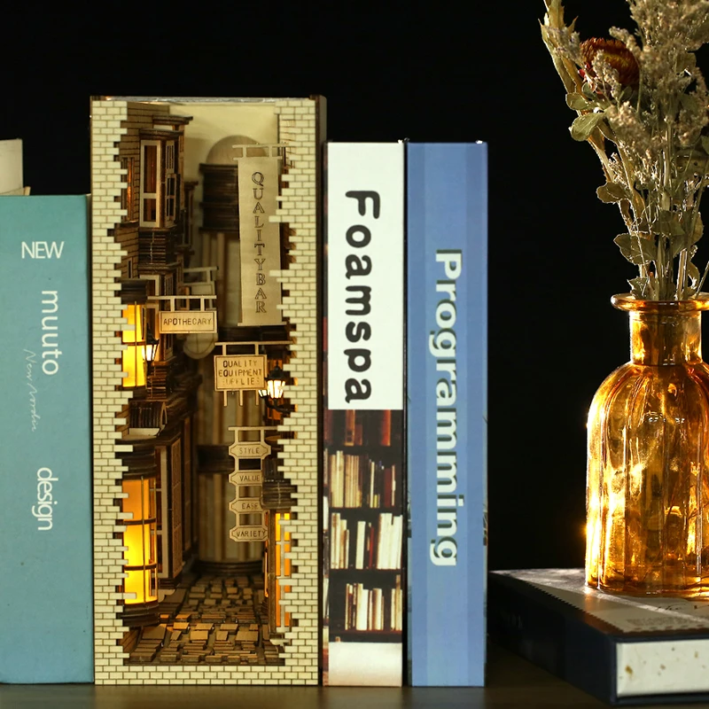 Wooden Bookends DIY Book Nook Roma Street Bookshelf Insert Model Kit with Light 