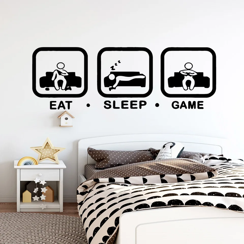 Boys Room Wall Decal Sticker - 'Eat Sleep Game Repeat' Controller Joystick Quote Art, Black, 57x25cm, Removable Vinyl Decor For Playroom, Bedroom