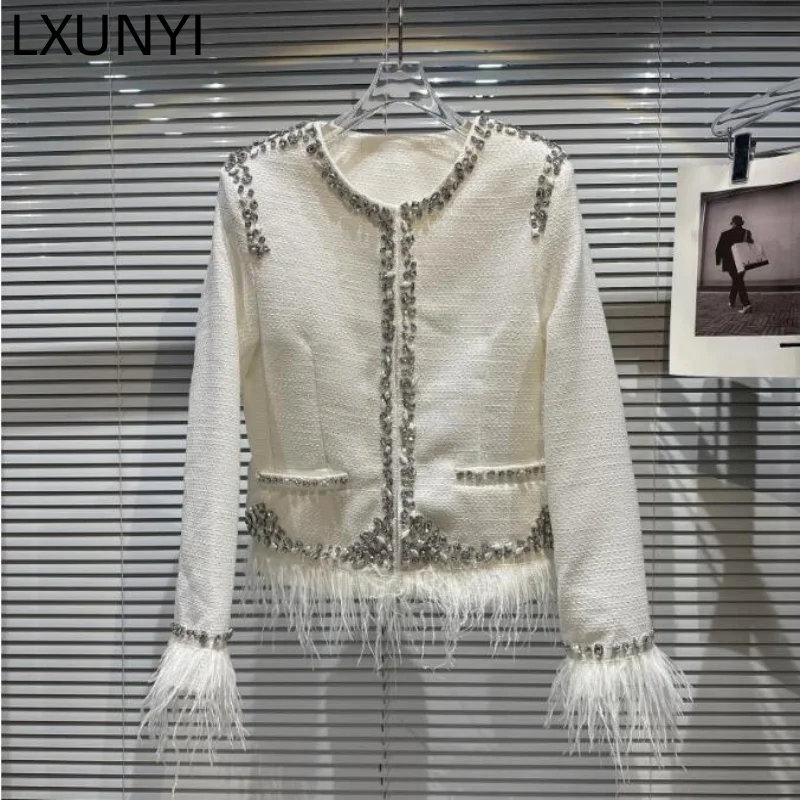 

LXUNYI White Ladies Coat Winters Luxury Diamond Beading Long Sleeve O Neck Loose Ostrich Hair Tassels Thick Short jacket Women