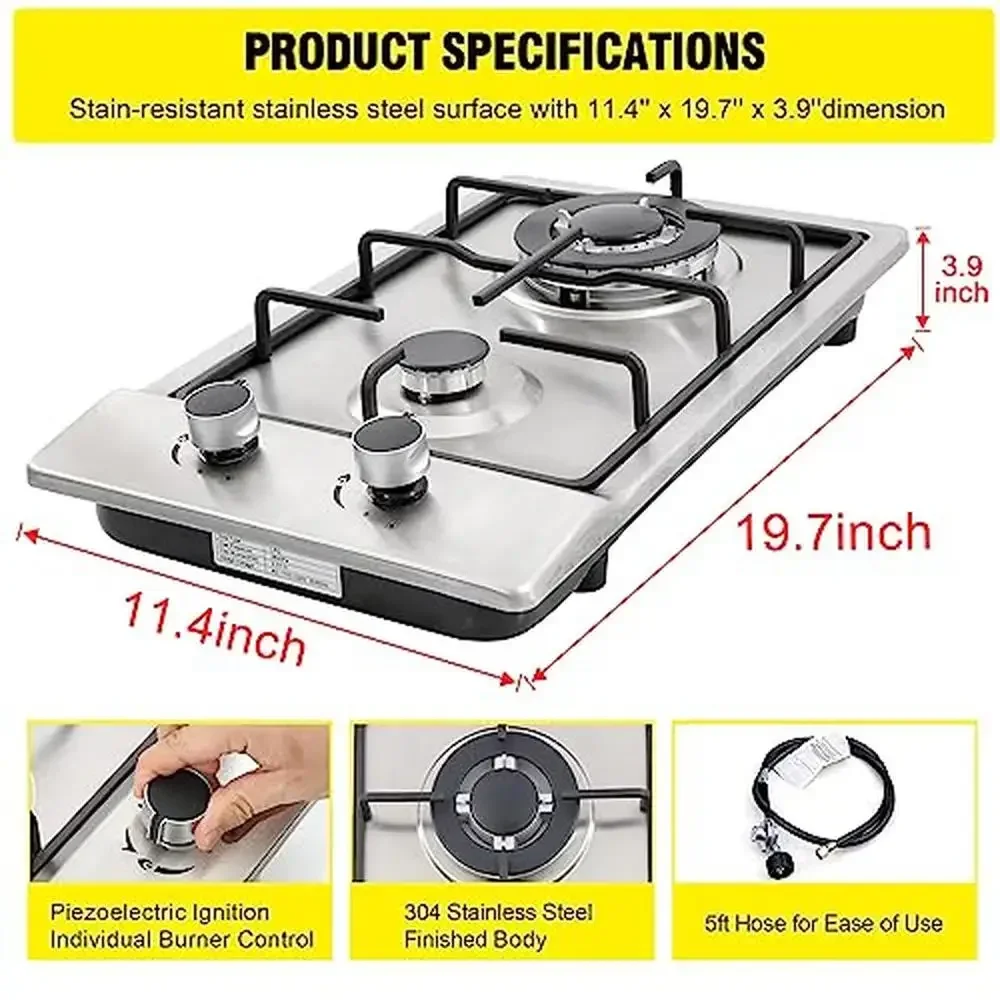 12" Stainless Steel Dual Fuel Gas Cooktops 2 Burner Propane/Natural Gas Stove Drop-in Easy to Clean Top with Electric Ignition
