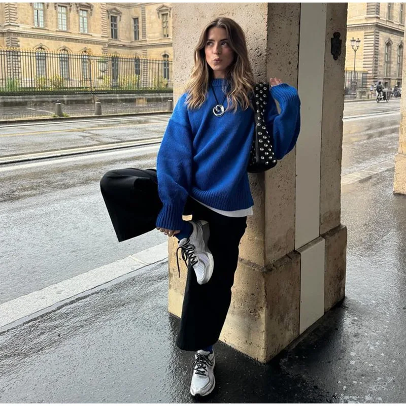 Suéteres casuales de punto con cuello redondo para mujer, suéter retro para adictos al trabajo, suéter femenino elegante de otoño, prendas de punto sencillas de calle