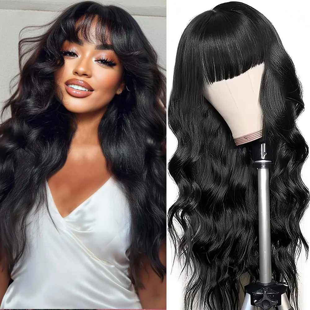 Body Wave Wigs with Bangs 3x1 Middle Part Lace Wig Human Hair Pre Plucked Body Wave Real Human Wigs with Bangs for Women 34 Inch 3