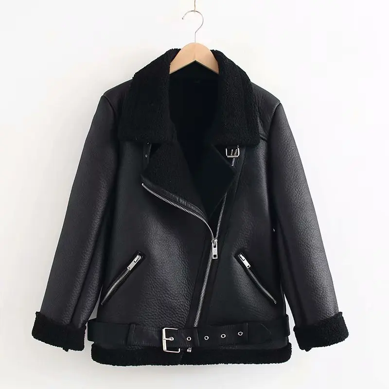 

Women's fur integrated jacket Women's mid length motorcycle lapel loose fitting leather jacket Women