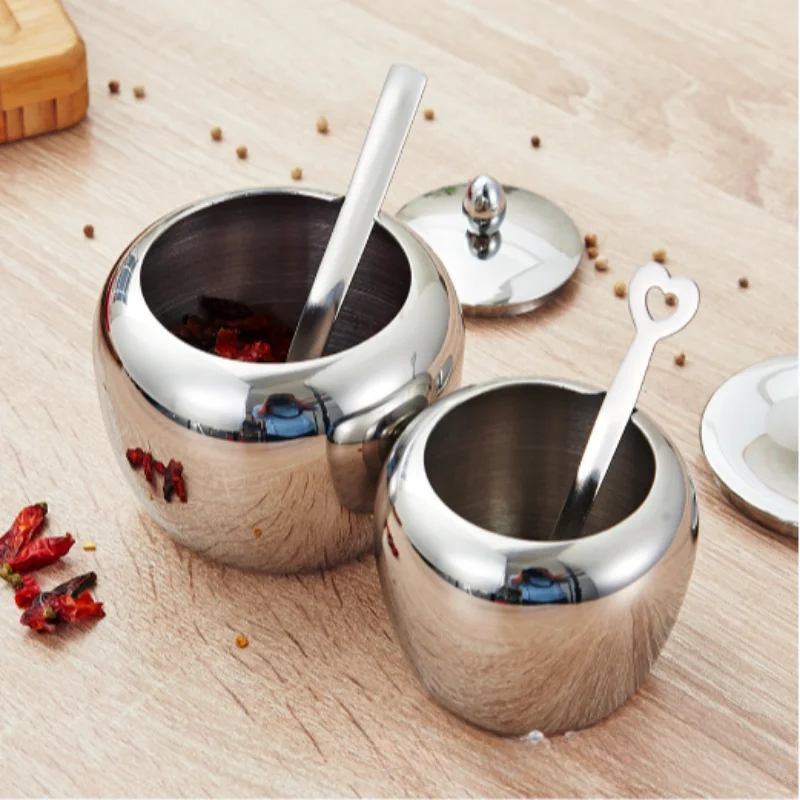 Stainless Steel Sugar Bowl Sanded Seasoning Condiment Pot Spice Salt Sugar Pepper Jar Cover Spoon Kitchen Gadgets