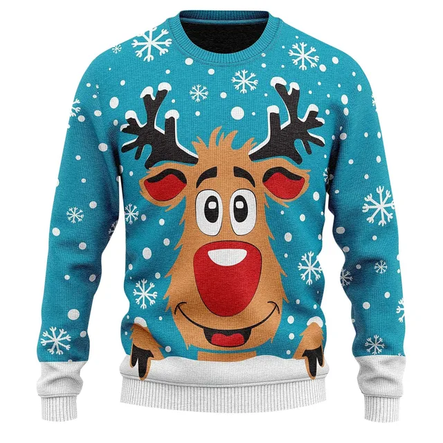 Ugly Christmas Sweater Women Reindeer Print Oversized Knit Sweater Winter Round Neck Long Sleeve Cozy Holiday Sweater Knitwear 3