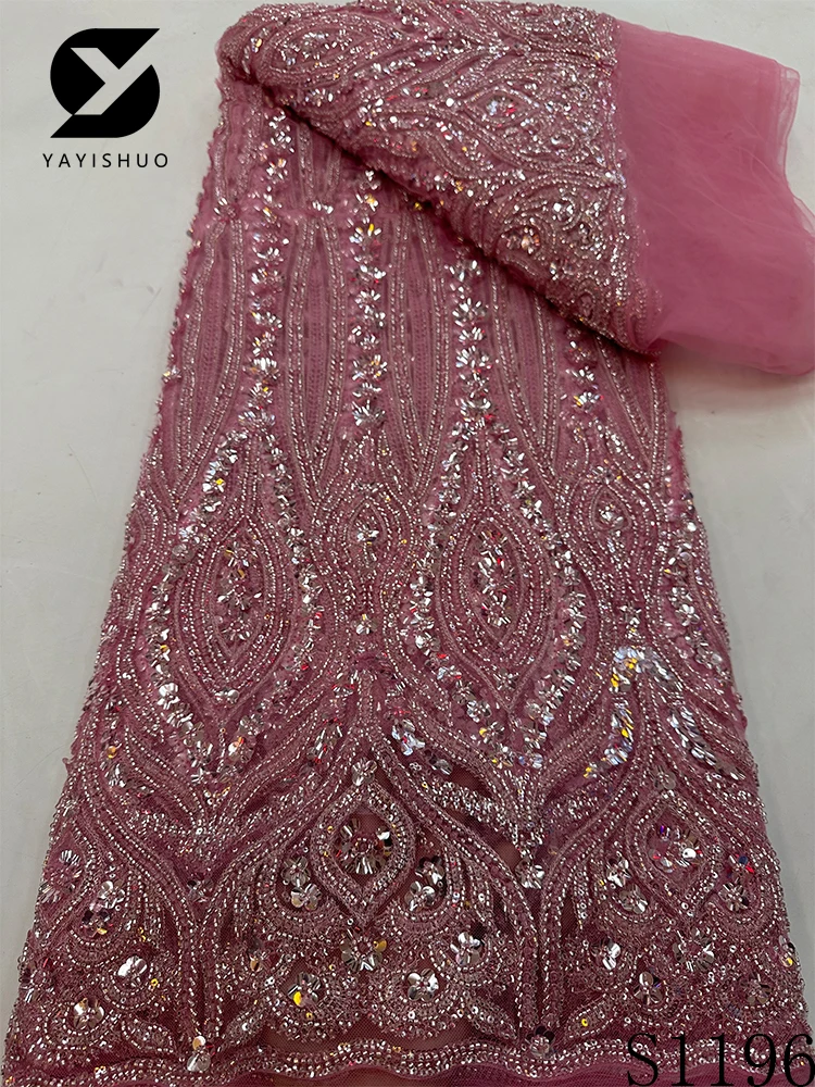 African Heavy Beaded Lace Fabric, Nigerian Sequins Tulle, Luxury Wedding Dress, High Quality, S1196, 5 Yards, 2024