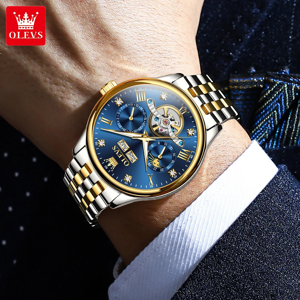 OLEVS 7023 Man Watch Moonswatch Mechanical Watch For Men Hollow Skeleton Luxury Auto Date Men's Wristwatch Waterproof Luminous