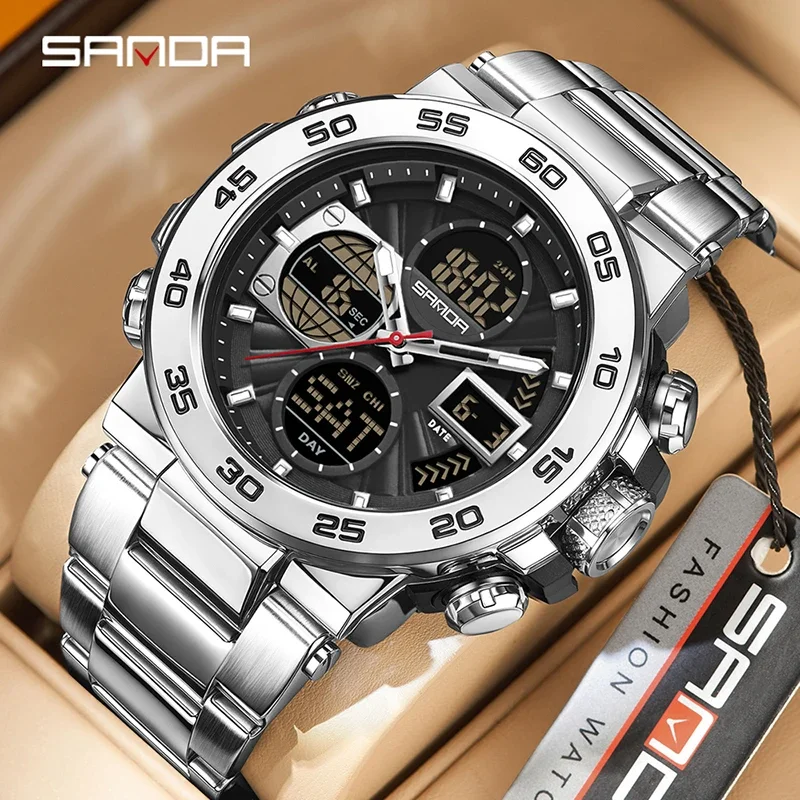 SANDA New Steel Strip Sports Men's Watch Dual Display Dual Movement 5ATM Waterproof Multi functional Man Electronic Quartz Watch