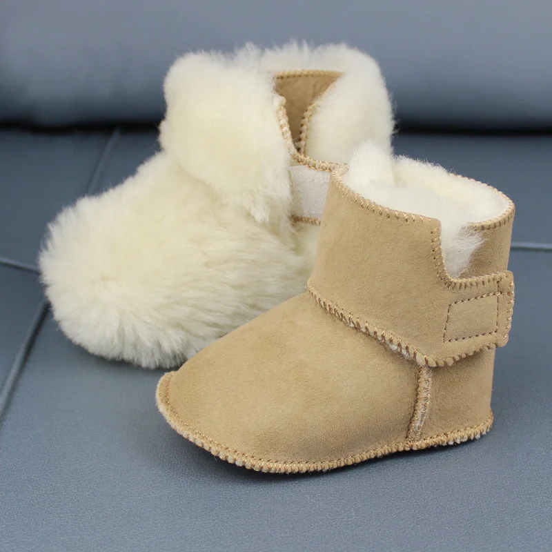 Baby Shoes New Genuine Leather Soild Hook Loop Shallow Winter Super Warm Snow Boot Fur Baby Girls Boys Boots First Walkers
