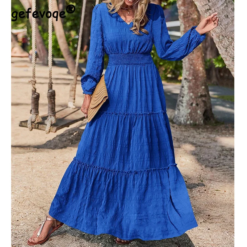 

Spring Autumn Office Lady Shirring Lantern Long Sleeve V-Neck Pleated Mid Waist Solid Jacquard Weave A-line Ankle Length Dress