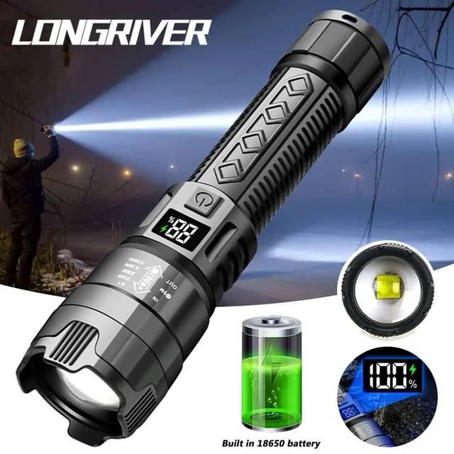 LONGRIVER High Strong Power Led Flashlights DS-1887 Tactical Torch with Display Light USB Charging Camping Fishing Zoom Lantern