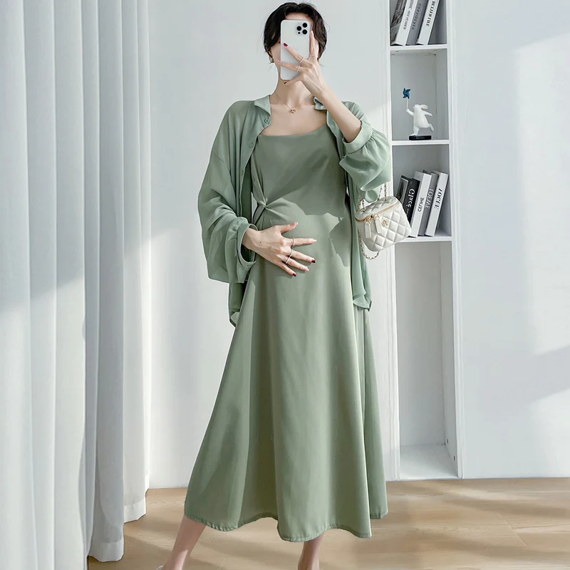 Green Pregnancy Summer Clothes Set Summer Fashion Chiffon Shirts+Strap Dress Maternity Twinset Pregnant Woman Dress with Cape