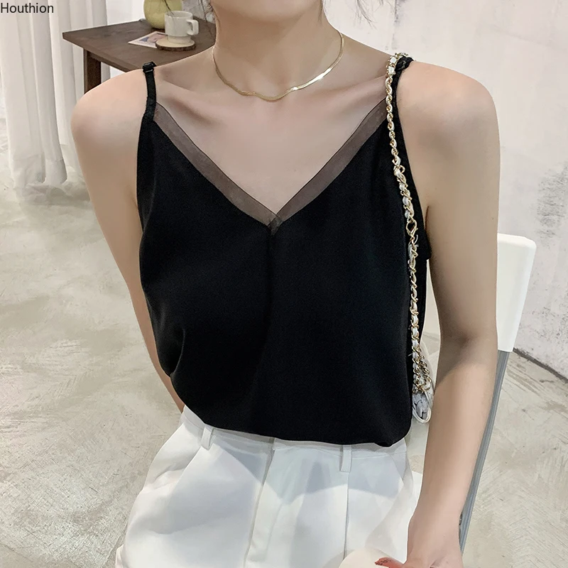 Women's Vest Sleeveless Tops Fashion Casual Pure Color V-neck Stitching Net Yarn Sexy Summer Houthion |