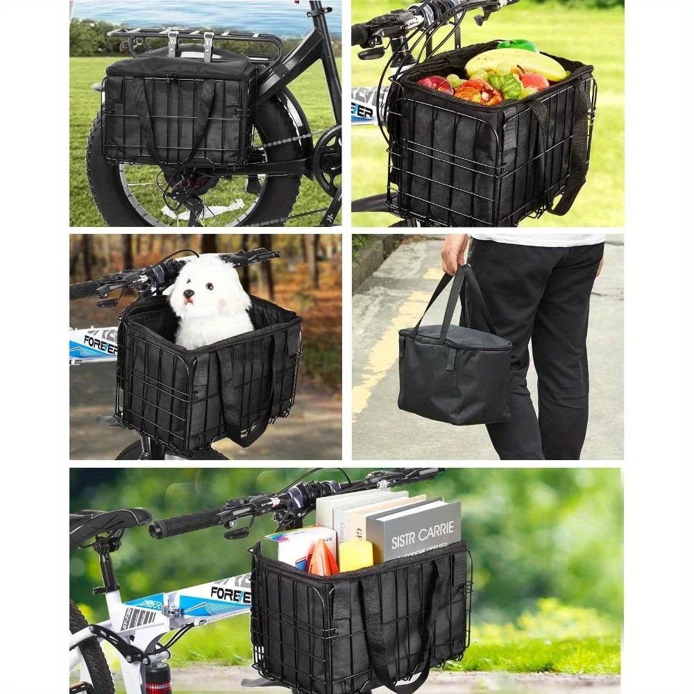 Bike Basket Front/RearFolding Bicycle Basket with Removable Liner Bag for Adult Carrying Dogs Pets Fruit&Bicycle Basket Perfect 3