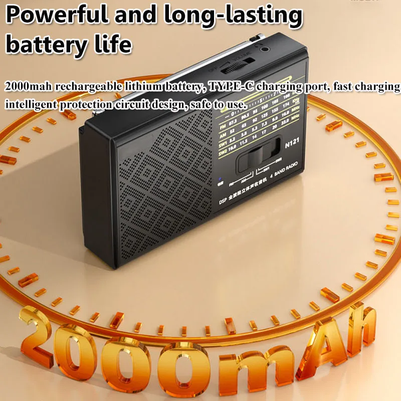 Mini Portable Full Band Radio Rechargeable FM AM SW1-2 Radios Built-in Speaker with Stretchable Antenna 3.5mm Headphones Jack