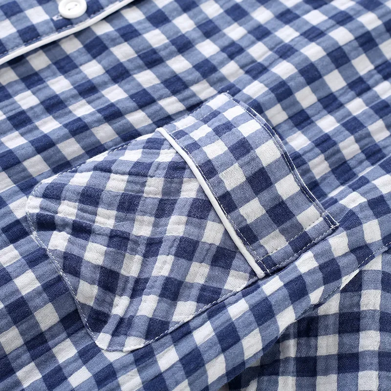 Cotton Plaid Design Men's Trouser Pajamas Homewear Suit for Autumn Thin Short-Sleeved Trousers Plaid Homewear Pyjamas Men