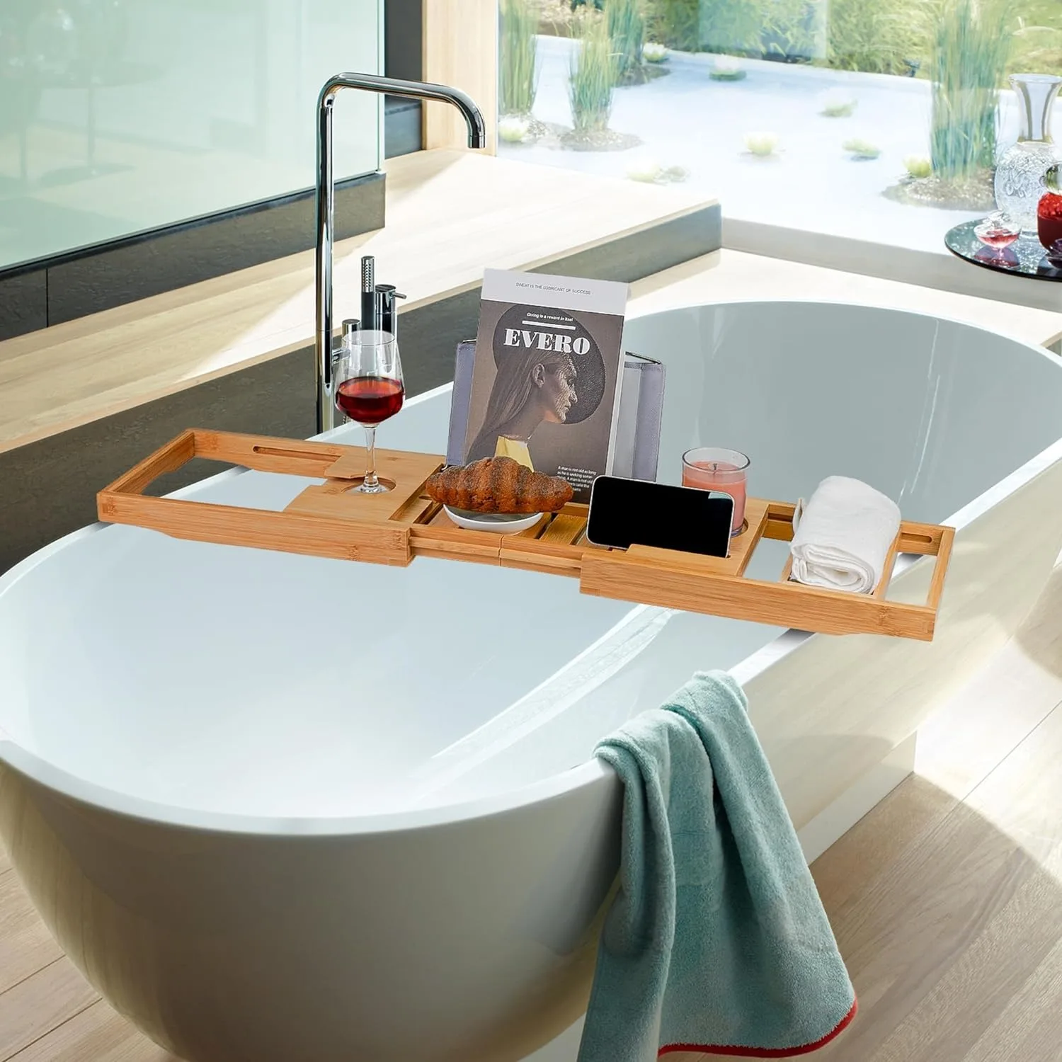 Utoplike Bamboo Bathtub Caddy Tray Bath Tray for Tub, Adjustable Bathroom Bathtub Organizer with Book Tablet Wine Glass Cup Towe