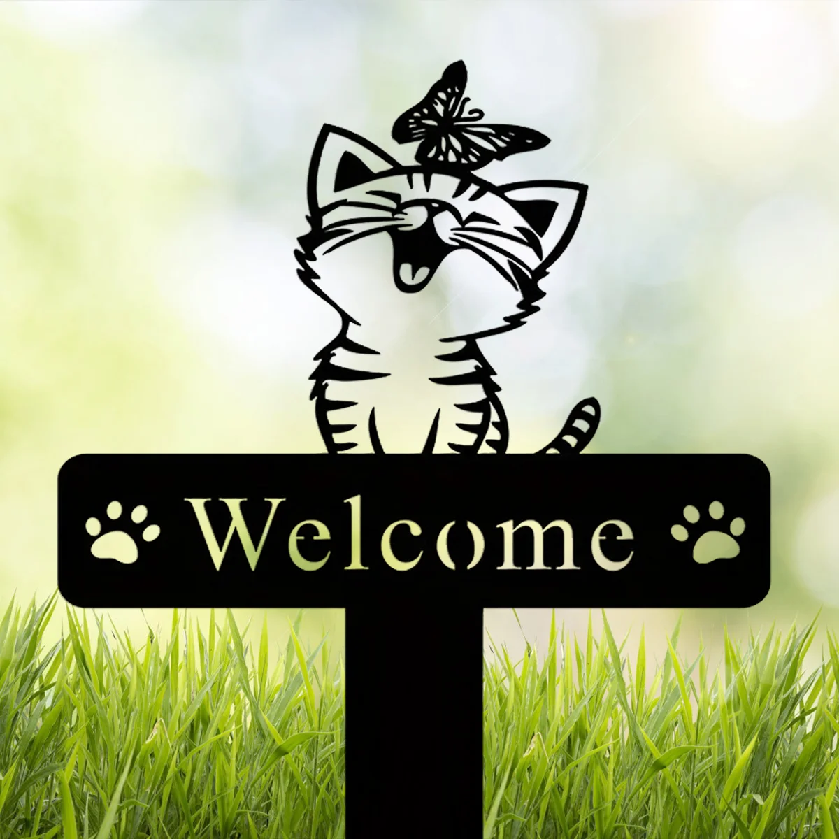 Cat Garden Stake, Metal Cat With Butterfly Memorial Stake Cat Name Yard Stake,Metal Sign Christmas Yard Stake,Cat Garden Sign