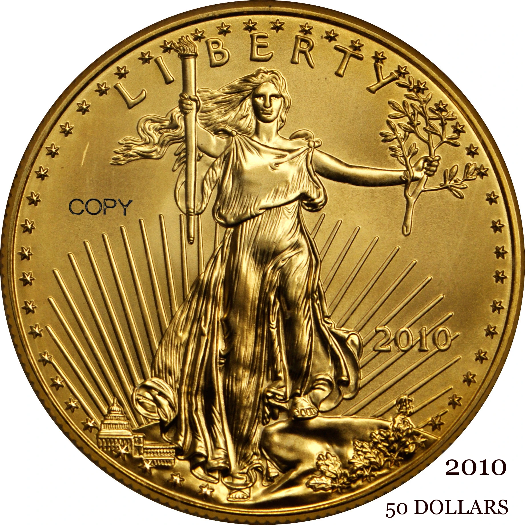 

United States US 2010 $50 50 Dollars One Ounce American Fine Gold Eagle Bullion Coinage USA Liberty Brass Metal Copy Coin