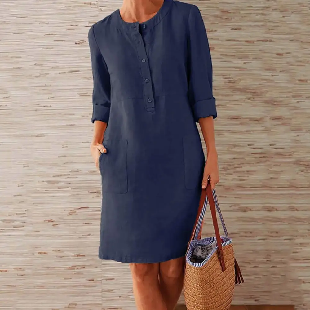 Summer Boho Vintage Dress Women Casual Long Sleeve Buttons Pockets Cotton Linen Loose Knee-length Dress 4
